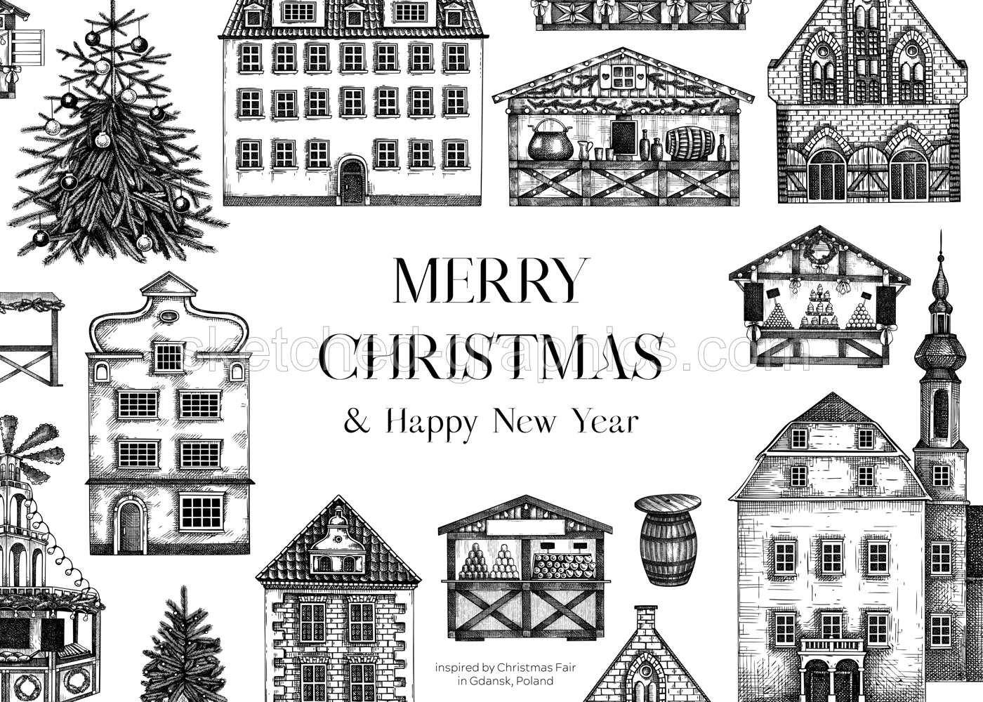 Merry Christmas frame template. Architecture sketch. European fair background. Hand-drawn botanical illustration.NOT AI generated Illustration